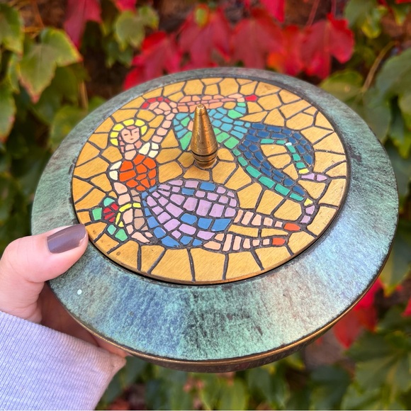 Vintage Dayagi Israel Mosaic Enamel Brass Bowl with Lid Green Patina - Picture 2 of 8